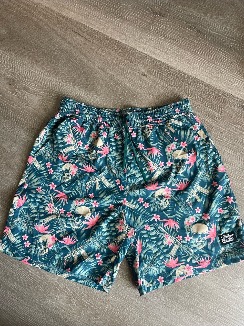 Tango Charlie- Teal Tropical Skull Athletic Shorts with Pink Accents